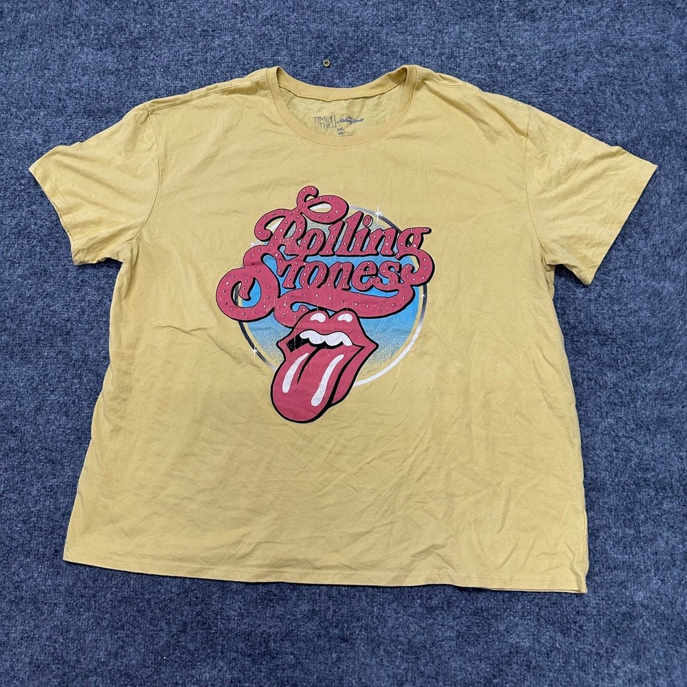 Time and Tru T-Shirt Womens XXL Yellow Rolling Stones Tongue Graphic Band Tee